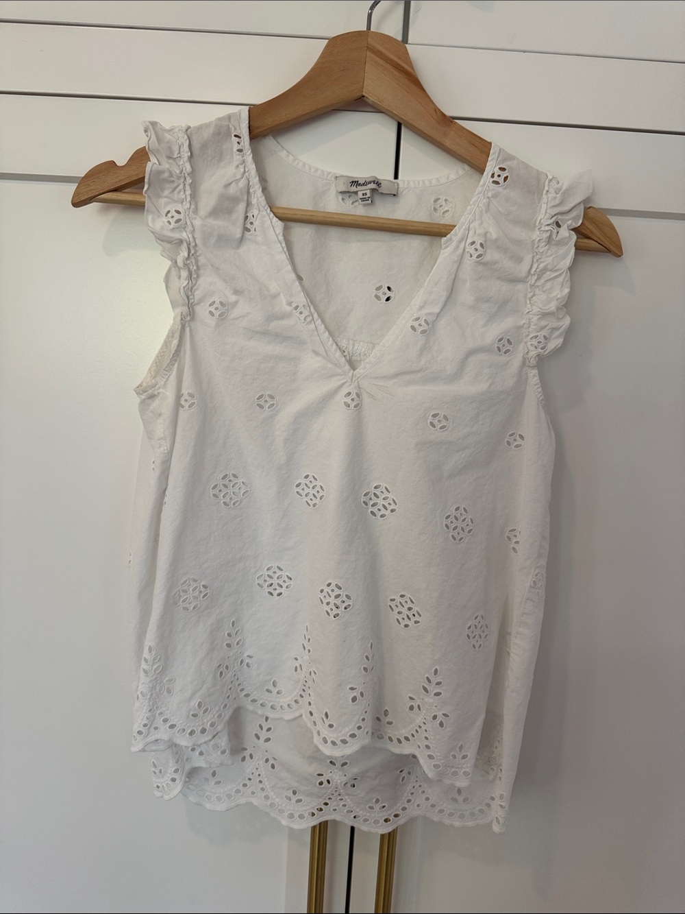 Madewell White Eyelet V-Neck Ruffle Sleeve Tank